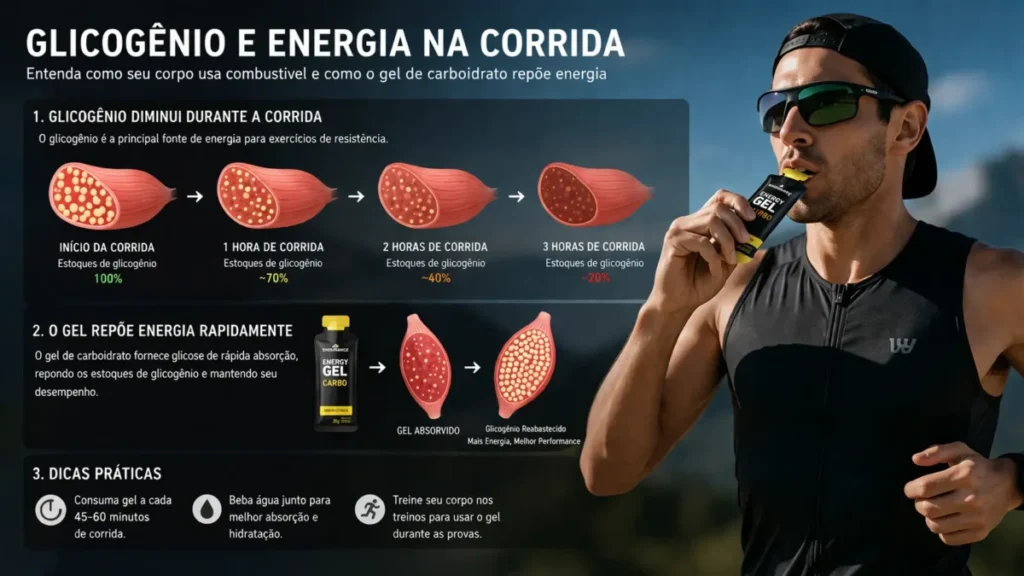 Infográfico mostrando como o glicogênio diminui durante a corrida e como o gel repõe energia