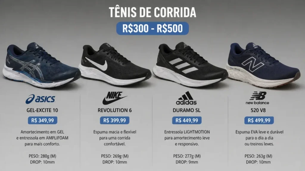 tênis corrida custo benefício modelos Asics Nike Adidas New Balance 2026