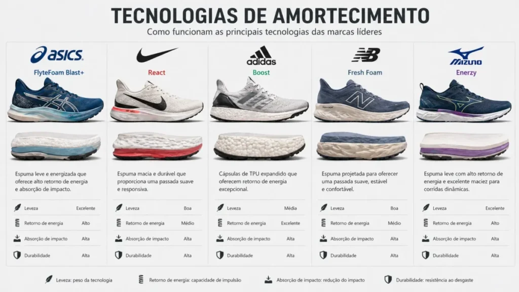 tecnologias amortecimento tênis corrida Asics Gel New Balance Fresh Foam Nike React Mizuno Wave