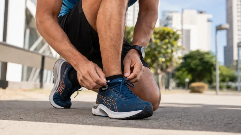 corredor ajustando tênis corrida custo benefício antes do treino