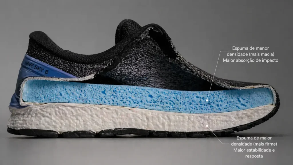 amortecimento tenis corrida espuma intermediaria midsole corte