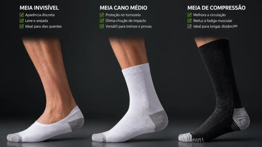 tipos de meia corrida cano médio e compressão