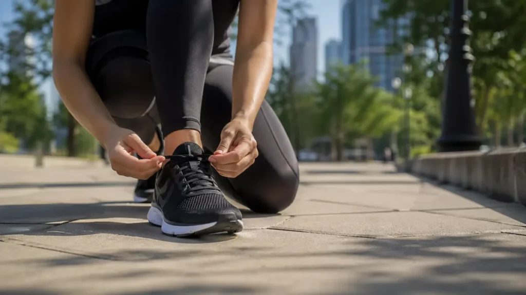 tênis para corrida feminino sendo amarrado em calçada de parque