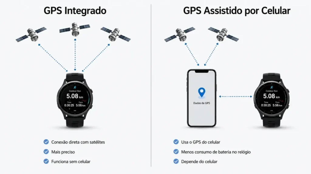 diferença GPS integrado e GPS assistido relógio corrida diagrama