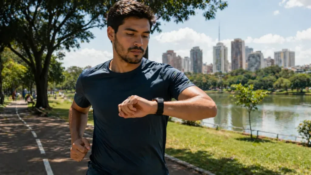 iniciante correndo com relógio GPS no parque acompanhamento treino