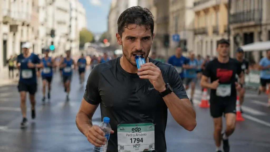 corredor consumindo gel de carboidrato em prova de rua