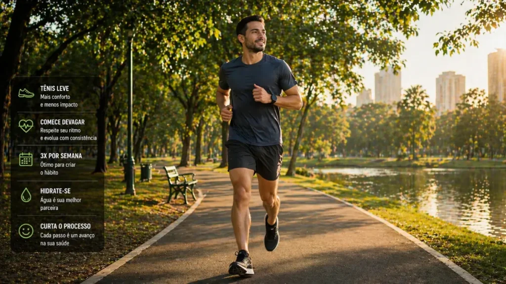 Corredor iniciante treinando em parque com tênis leve