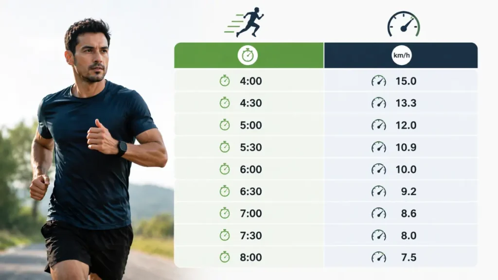 tabela conversão pace min/km para velocidade km/h corrida