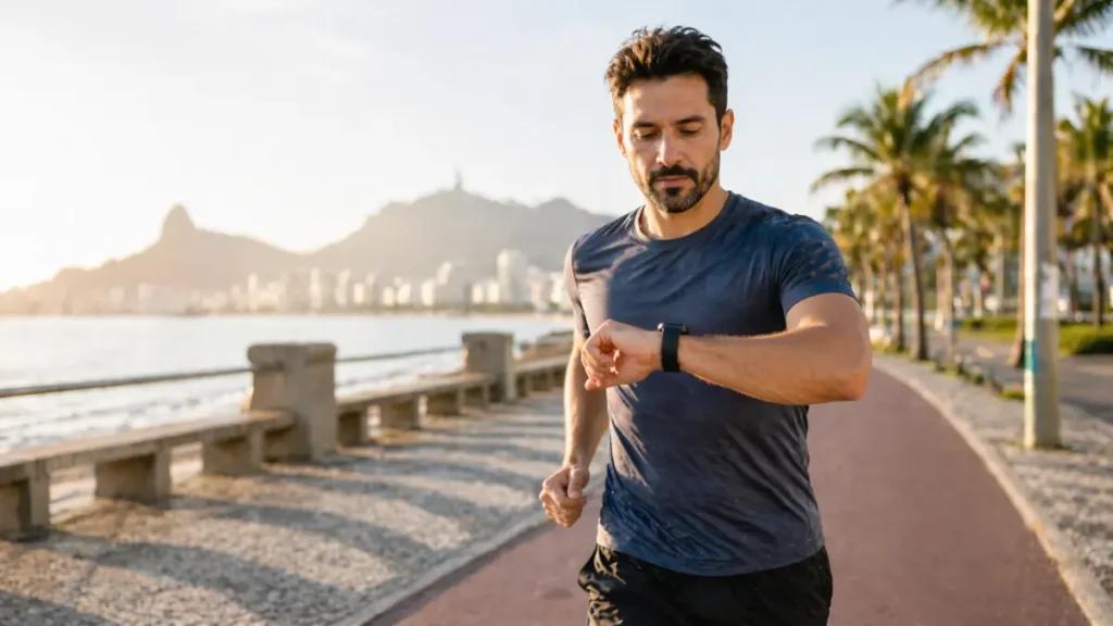 iniciante corrida monitorando frequência cardíaca relógio esportivo