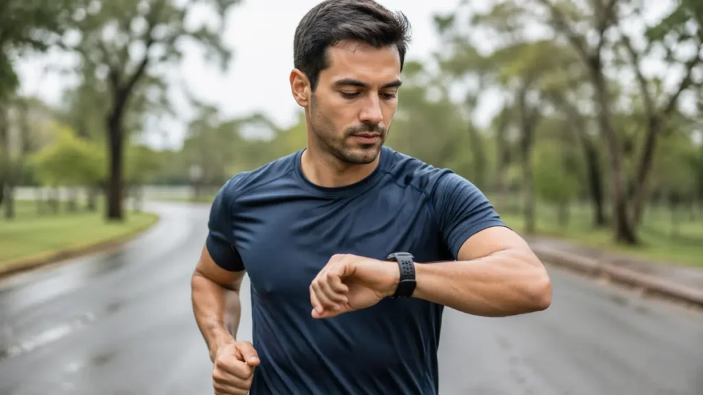 corredor monitorando pace na corrida com relógio esportivo