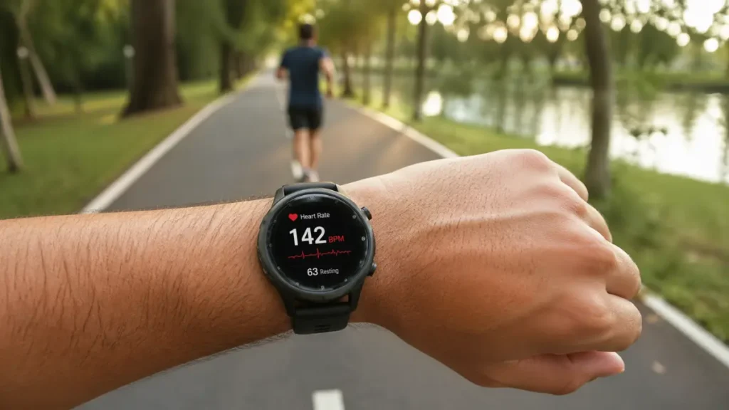 corredor monitorando frequência cardíaca na corrida com relógio esportivo