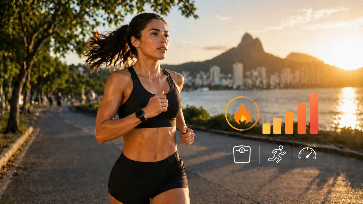 Mulher correndo ao pôr do sol