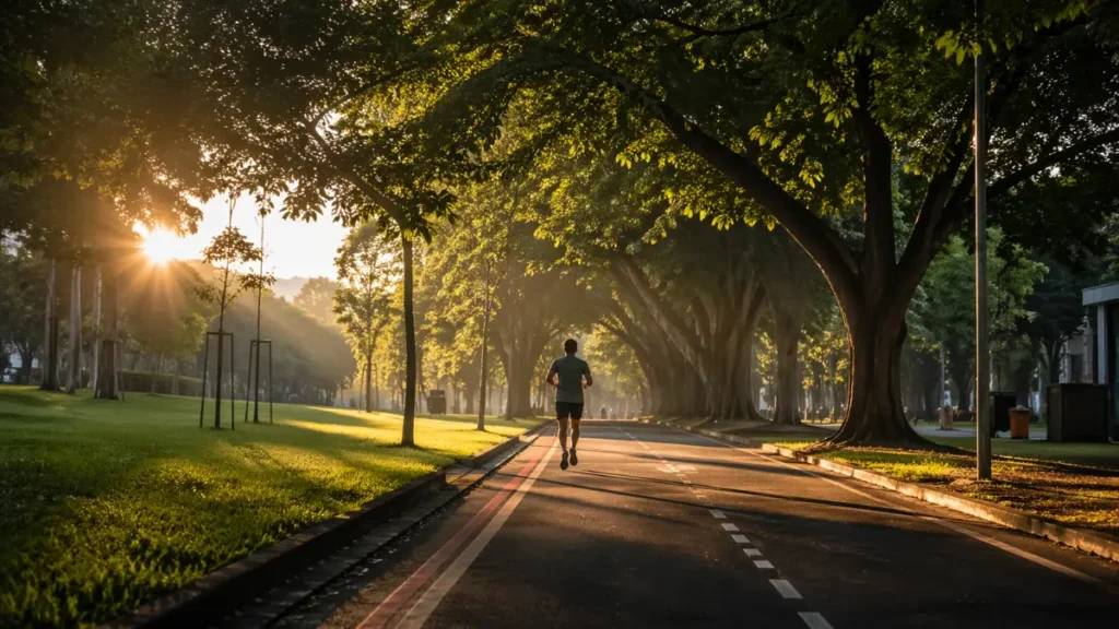 corredor fazendo corrida em jejum ao amanhecer no parque