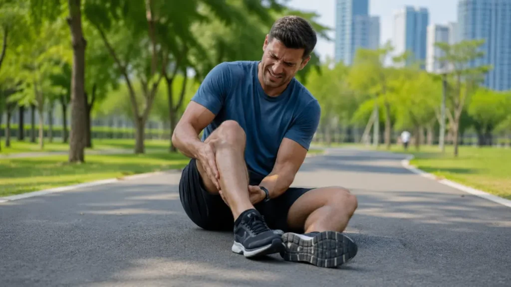 corredor com lesão na perna durante treino de corrida
