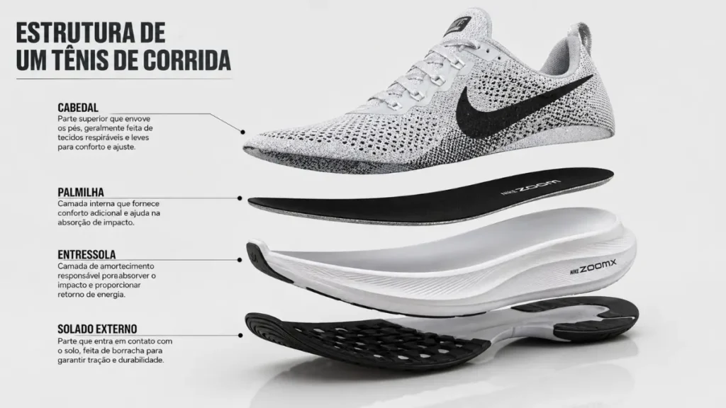anatomia tênis corrida camadas estrutura amortecimento
