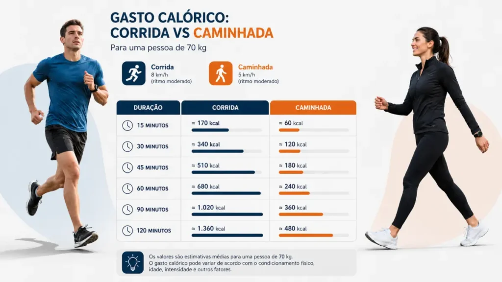 gasto calórico corrida caminhada comparação infográfico