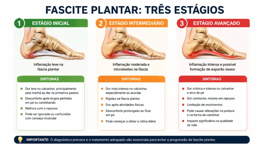 estágios fascite plantar sintomas progressão infográfico