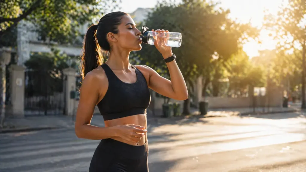 corredora se hidratando durante corrida em jejum matinal
