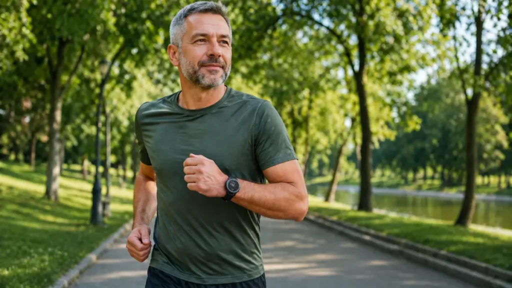 corredor adulto 45 anos monitorando frequência cardíaca parque corrida