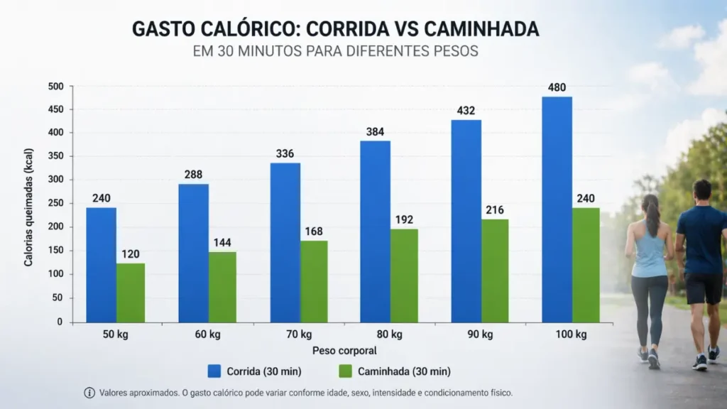 comparação calorias corrida caminhada 30 minutos emagrecimento