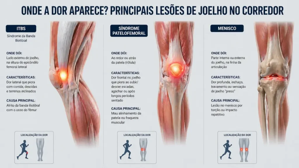 diagnóstico diferencial dor joelho corredor infográfico ITBS síndrome patelofemoral