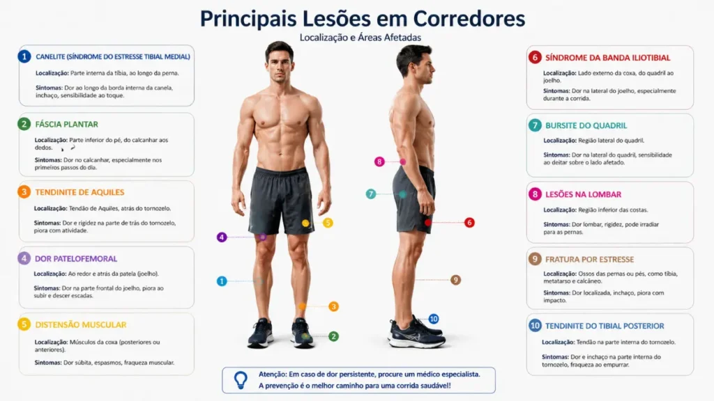 lesões mais comuns na corrida mapa corporal infográfico corredor