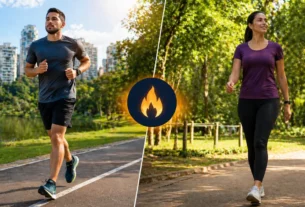 Homem correndo e mulher caminhando.