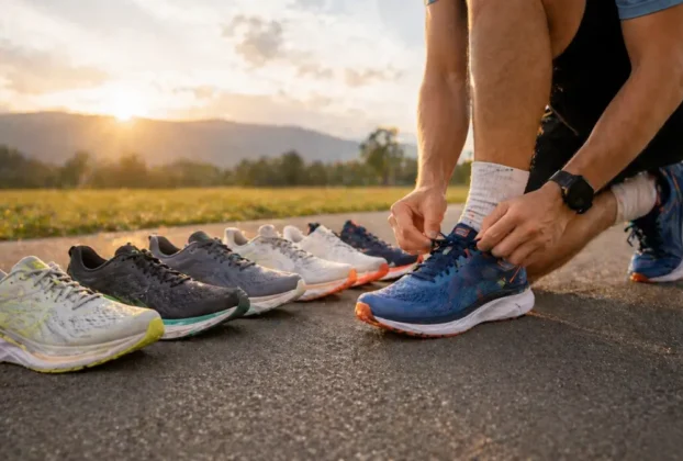 Pessoas amarrando tênis na estrada