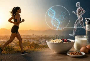 Mulher correndo com alimentos saudáveis