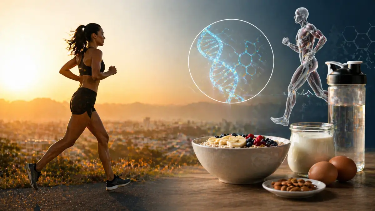 Mulher correndo com alimentos saudáveis