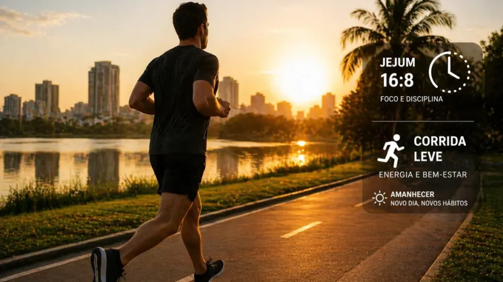 Pessoa praticando jejum e corrida leve ao amanhecer