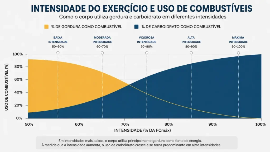 Infográfico mostrando escala de intensidade (% FCmáx) versus uso de carboidrato x gordura como combustível