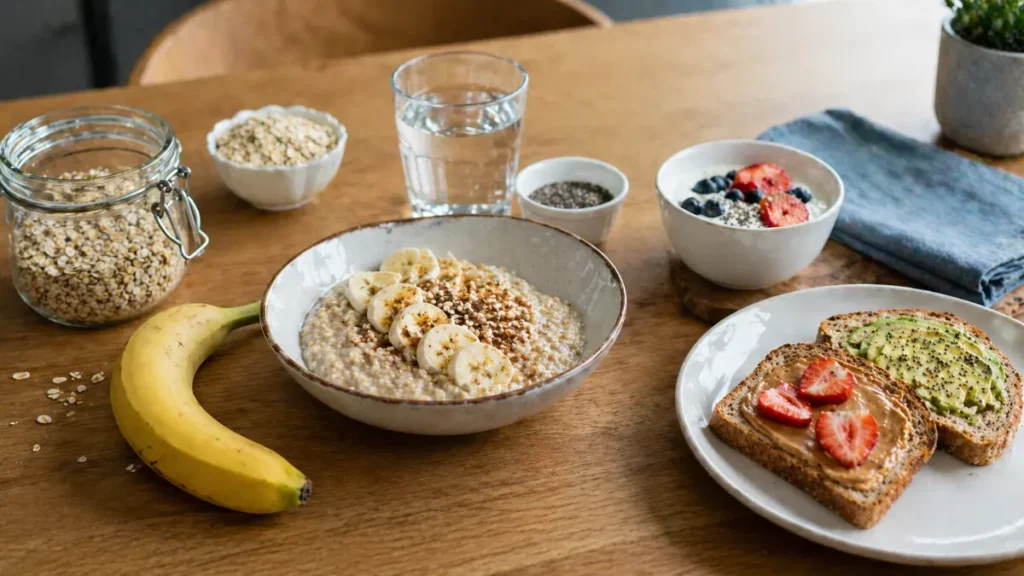 Foto de mesa com opções de café da manhã para corredor: banana, aveia, iogurte, torrada