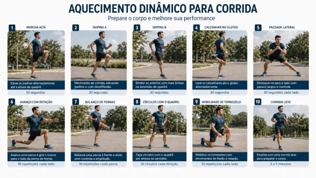 aquecimento dinâmico corrida exercícios prevenção lesões sequência