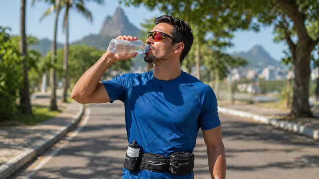 Foto de corredor bebendo água durante treino em dia ensolarado no Brasil, com garrafinha e cinto de hidratação