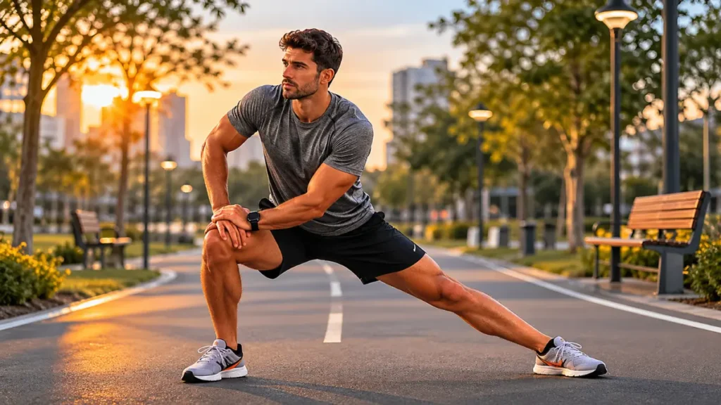 alongamento antes de correr exercício dinâmico parque