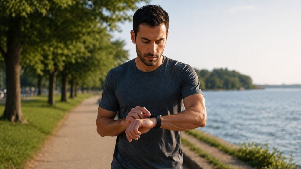 corredor consultando relógio esportivo durante rodagem leve semanal