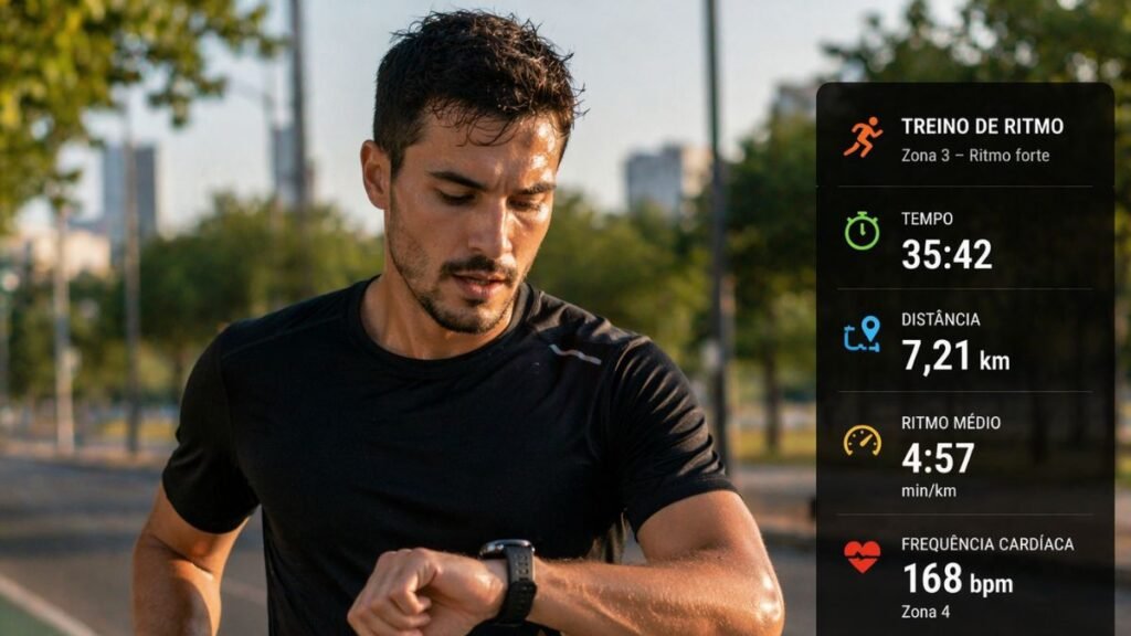 corredor consultando relógio esportivo durante treino de ritmo