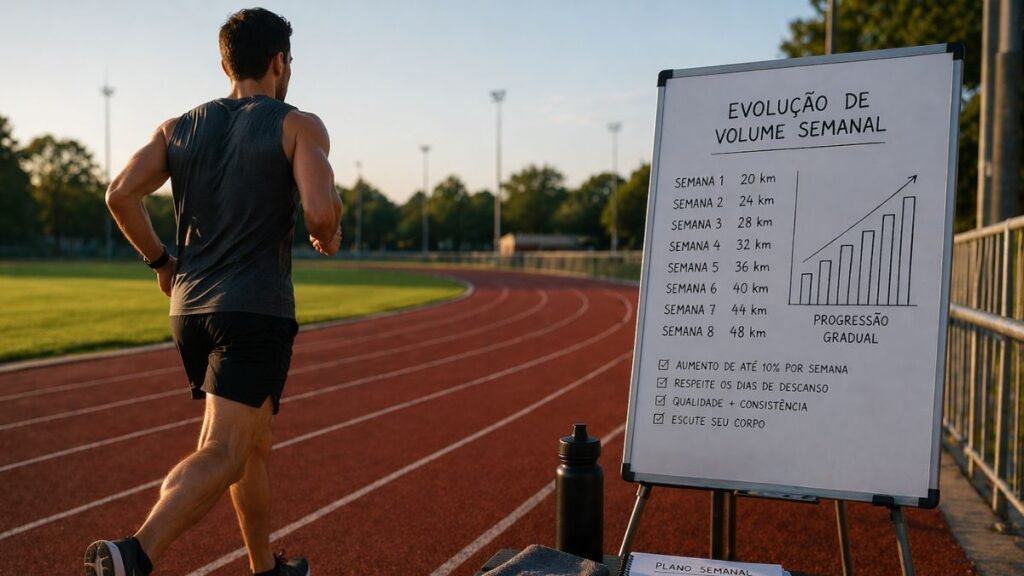 corredor treinando em pista com foco em evolução de volume semanal