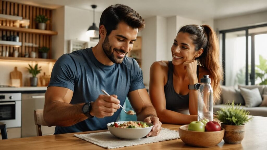 homem se alimentando antes de correr com alimento saudavel e agua