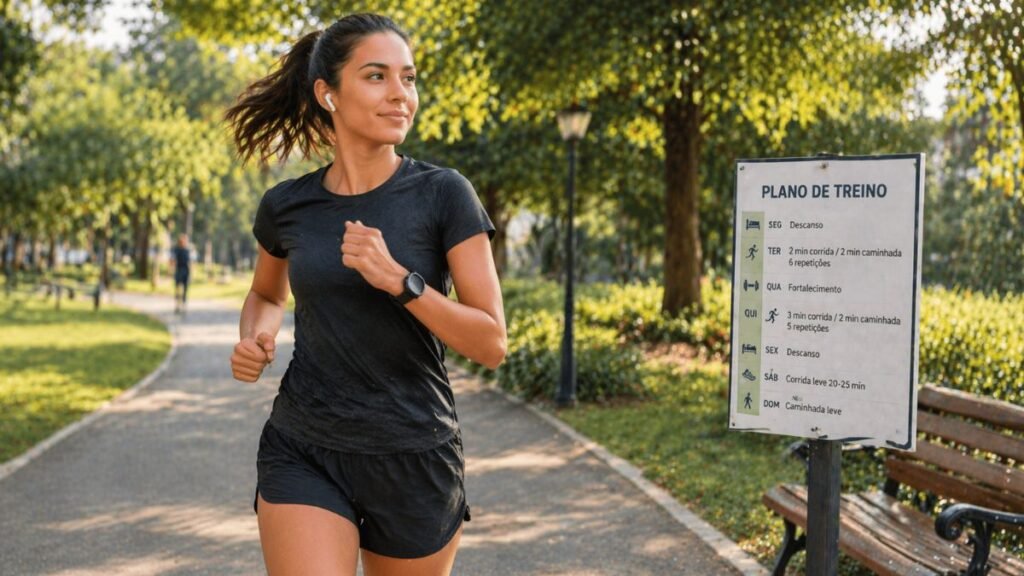 iniciante correndo em parque seguindo plano de treino
