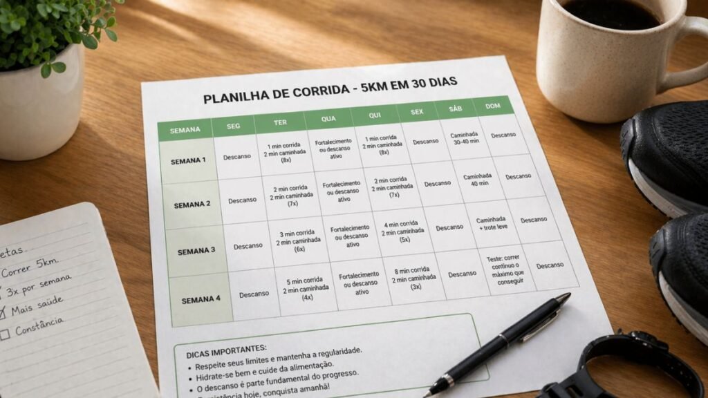 planilha de corrida 5km impressa na mesa