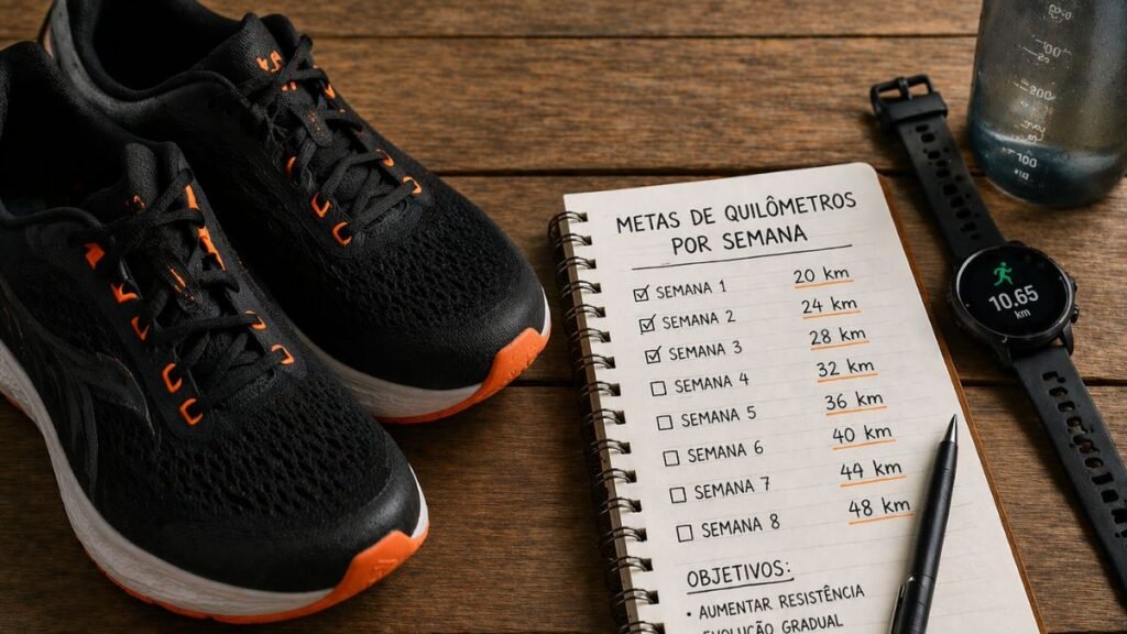 tênis de corrida ao lado de agenda com metas de quilômetros por semana