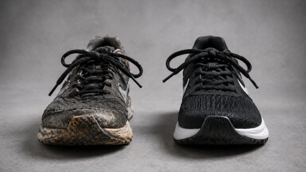 tênis de corrida desgastado vs novo comparação