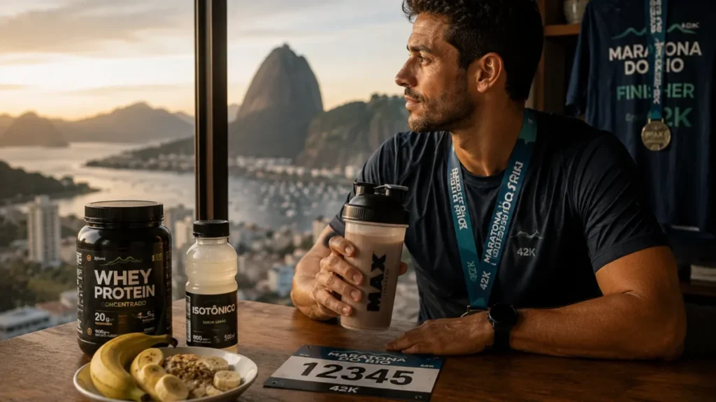 recuperação pós maratona — refeição na janela anabólica com proteína e carboidrato