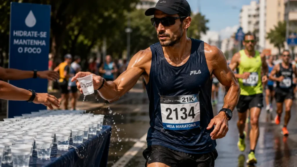 gel de carboidrato corrida 10k — corredor utilizando posto de água durante o Circuito das Estações RJ