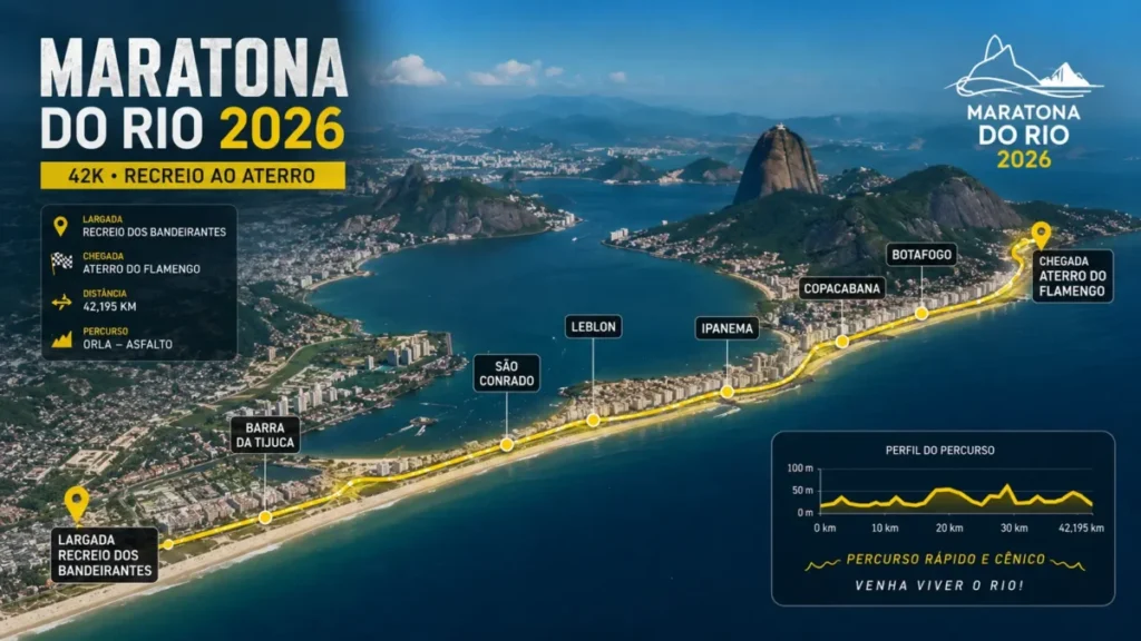 percurso maratona do rio 2026 — mapa do trajeto da Praia da Reserva ao Aterro do Flamengo pela orla carioca
