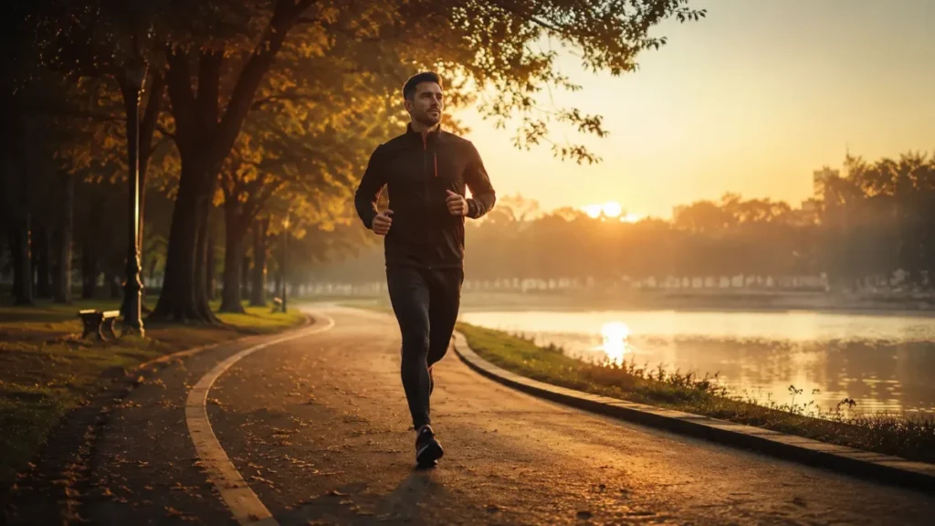 corrida melhora a saúde mental — corredor em parque ao amanhecer