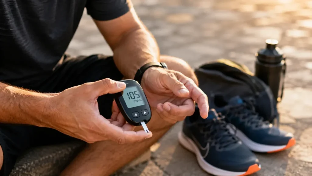 corrida e diabetes — diabético monitorando glicemia antes do treino de corrida