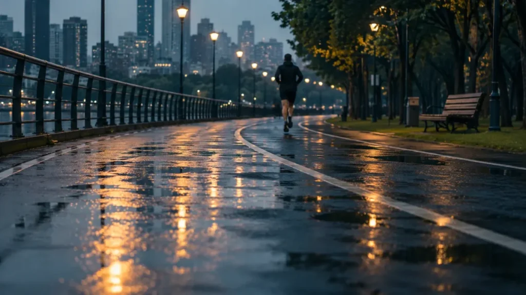 pode correr na chuva — pista molhada vazia com corredor solitário, treino concentrado sob chuva